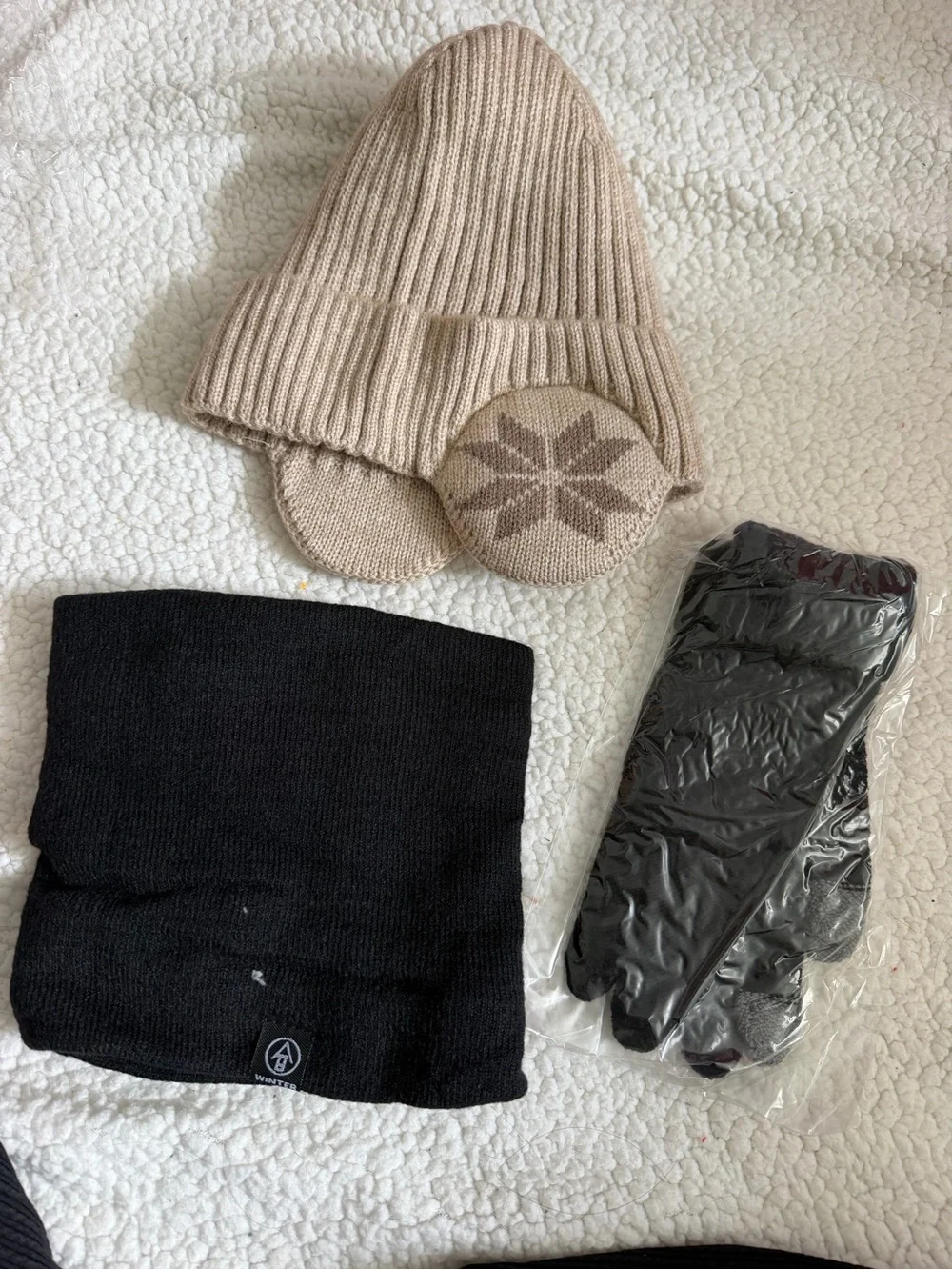 Kids Beige Knit Beanie with Patterned Ear Flaps
